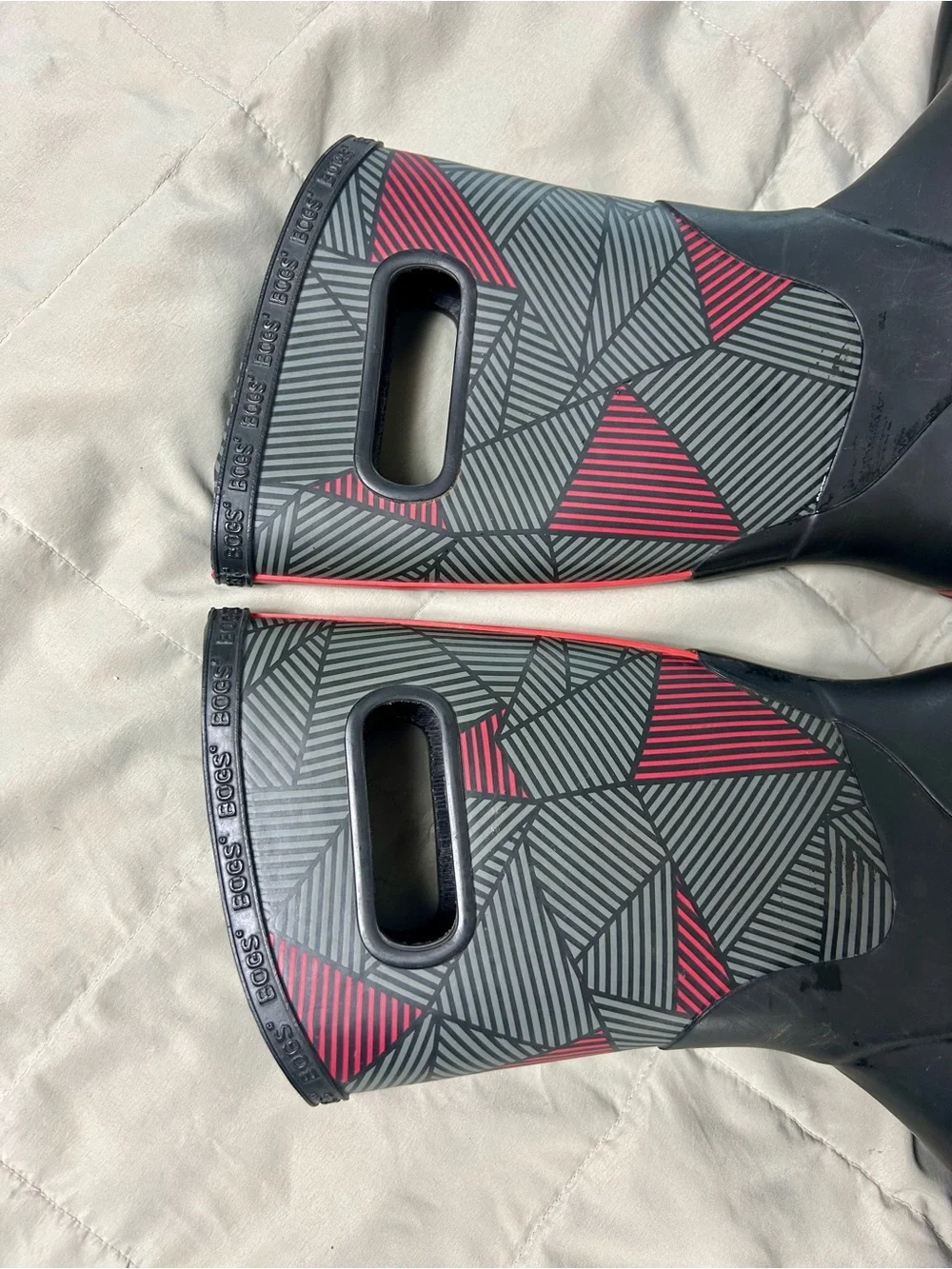 Bogs Kids Black and Red Geometric Rain Boots, Waterproof, Youth Size 5